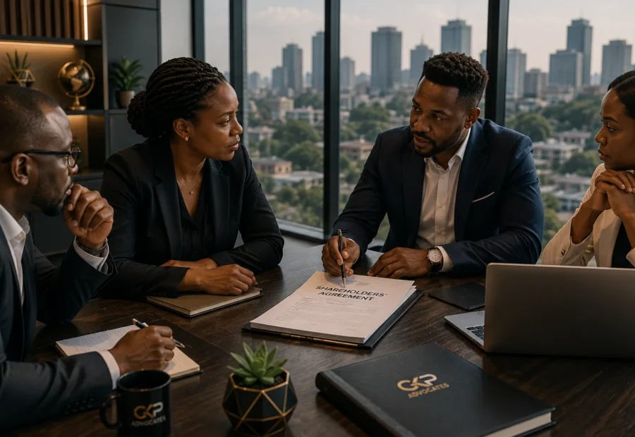 Business owners reviewing a shareholders agreement with corporate legal counsel in Kenya