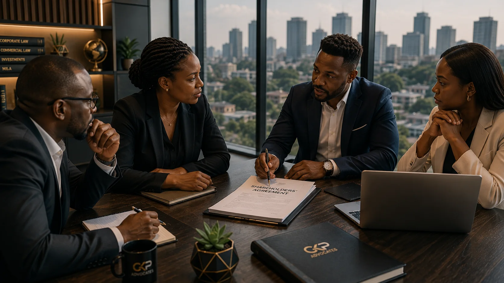 Business owners reviewing a shareholders agreement with corporate legal counsel in Kenya